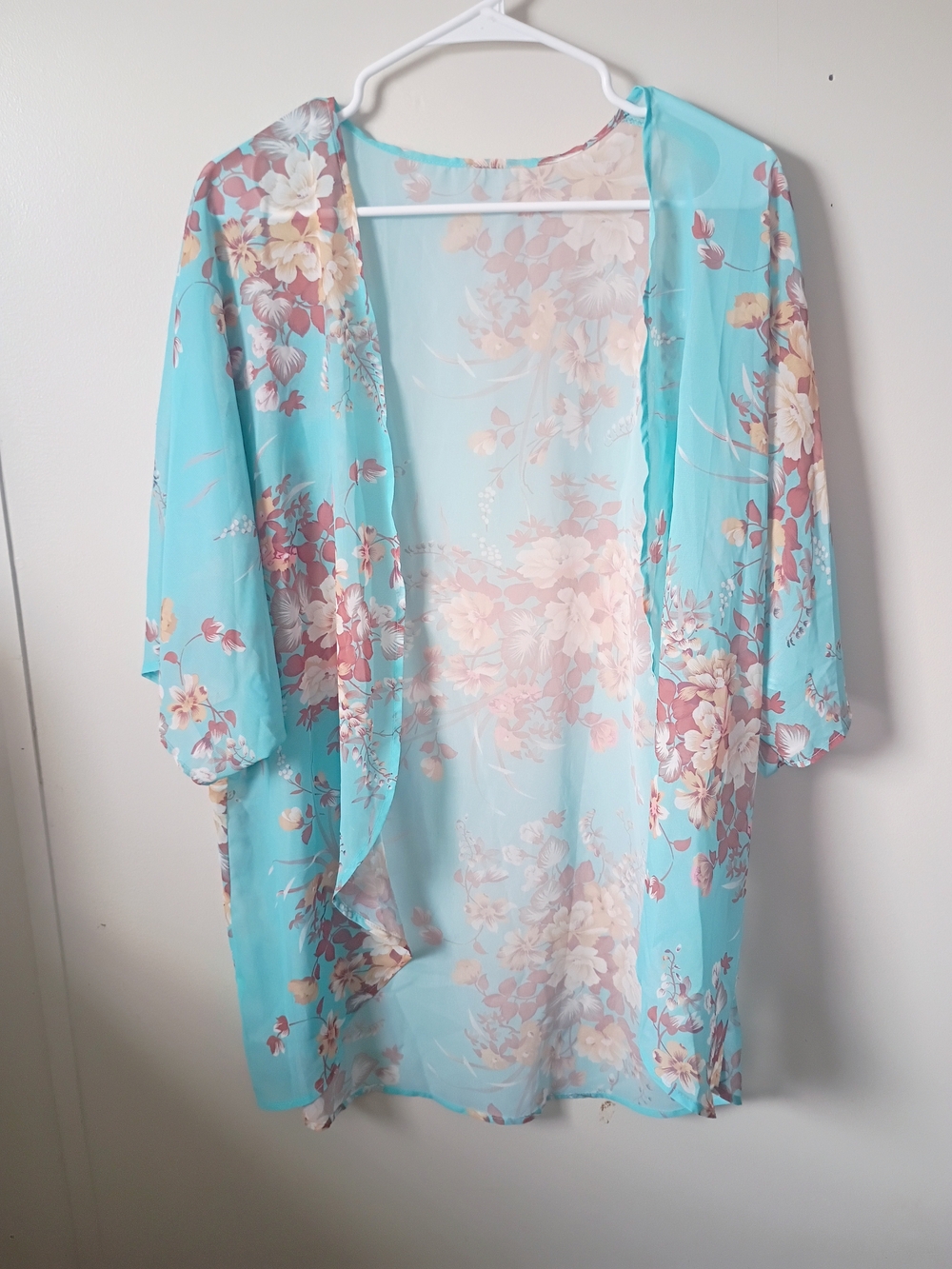 Sheer Floral Kimono Robe in Aqua Blue